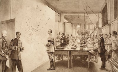 Commandant en staf van het Franse luchtvaartdepartement markeren de voortgang van een Gotha-aanval op Parijs, 1914-19 door French School