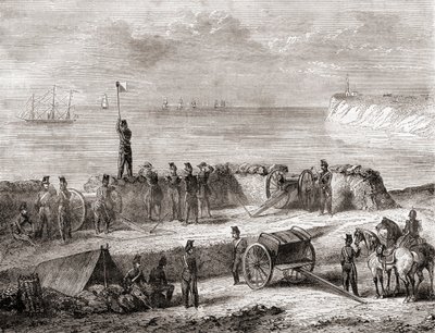 Communicatie tussen een schip dat de haven binnenkomt en de gelande troepen met behulp van het vlagsemafoor telegraafsysteem, uit Les Merveilles de la Science door French School