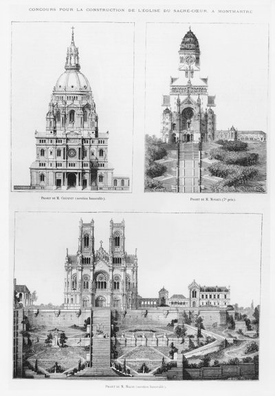 Wedstrijd voor de bouw van de Basiliek van Sacré-Coeur in Montmartre, ontwerpen door Monsieur Crépin, Monsieur Moyaux en Monsieur Magne, 1875 door French School