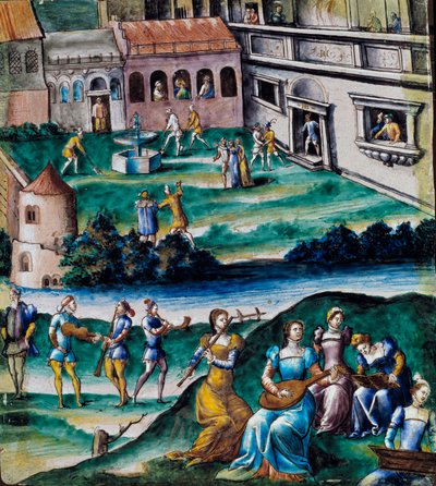 Concert in de binnenplaats van een kasteel door French School