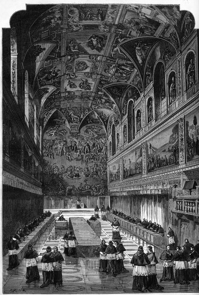 Conclaaf van 1878: zicht op het interieur van de Sixtijnse Kapel tijdens de stemming om de opvolger van paus Pius IX, Leo XIII, te kiezen. Gravure in 