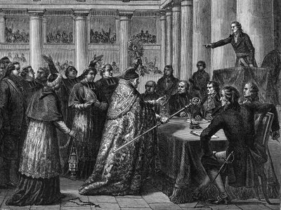 Concordaat van 1801 - Ondertekening van het Concordaat tussen Frankrijk (in aanwezigheid van Napoleon Bonaparte) en de Heilige Stoel (gravure) door French School