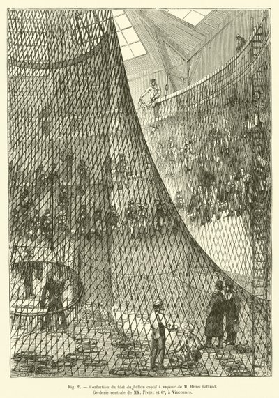 Fabricage van het net van de stoomballon van M Henri Giffard, Centrale touwslagerij van MM Fretet en Co, in Vincennes door French School