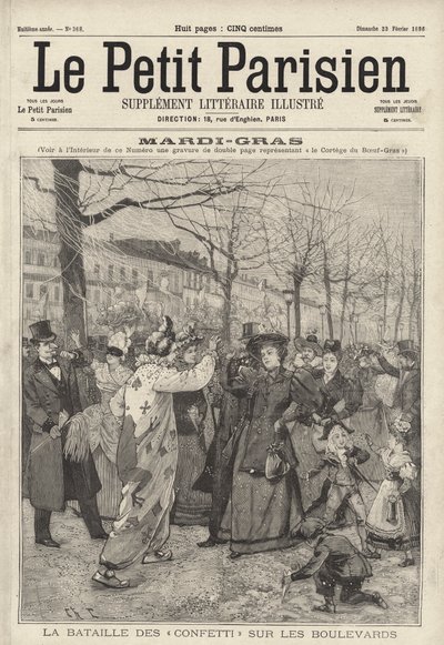 Confettigevecht op de boulevards van Parijs op Mardi Gras door French School
