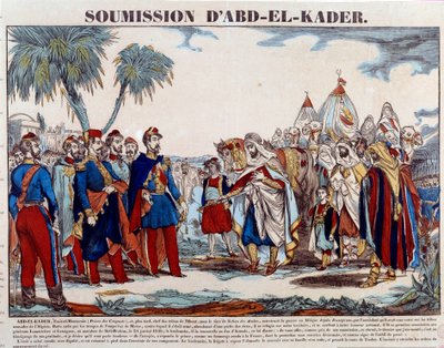Verovering van Algerije (1830-1847): de overgave van Abd el Kader (Abd-el-Kader of ibn Muhyi al-Din al-Hasani) (1807-1883) aan de hertog van Aumale en het Franse leger op 24/01/1848. Gravure uit de late 19e eeuw Privécollectie door French School