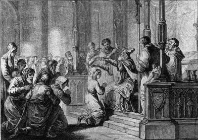Wijding van Sint Genevieve, circa 430: Saint Germain, bisschop van Auxerre. door French School