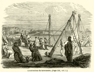 Bouw van het tabernakel (gravure) door French School