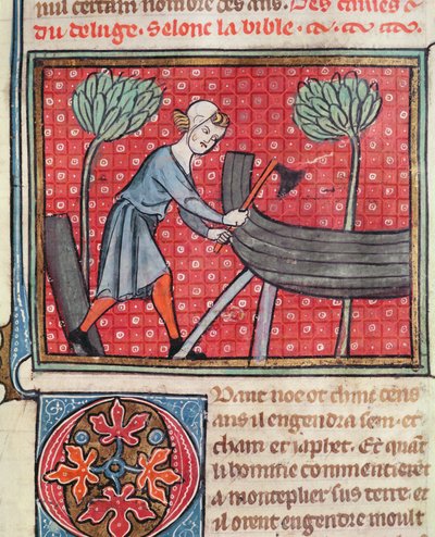 Bouw van een boot, uit Bible Historiale door Guiart des Moulins door French School