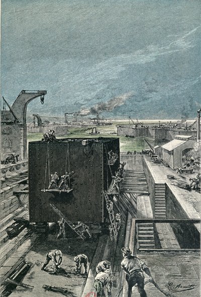 Constructie van een schip, uit Het drijvende eiland door Jules Verne gepubliceerd in 1865 door French School