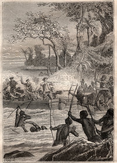 Reis van Philip Carteret naar de eilanden van Santa Cruz, met name het eiland Nendo in 1767 - illustratie uit 