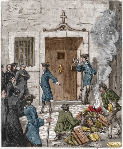 Veroordeling van de Societe des Jesuites na de beslissing van het Parlement van Parijs van 6 augustus 1762. De rechtbank beval dat meer dan 24 boeken en boeken gemaakt door de Jezuïeten door de beul verbrand moesten worden. Gravure uit de 19e eeuw. door French School