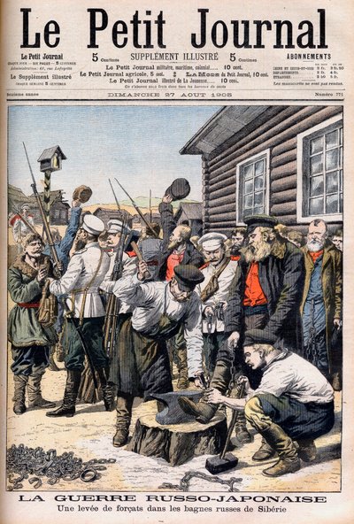 Gevangenen in Siberië die worden gerekruteerd om te vechten in de Russisch-Japanse Oorlog. Illustratie voor Le petit Journal, 27 augustus 1905. door French School