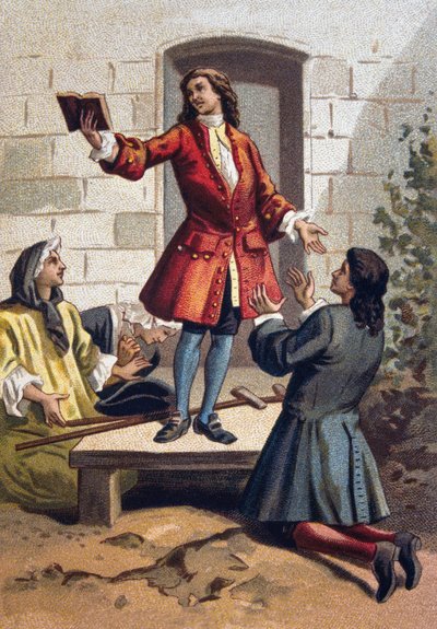 Convulsionaire praktijken (Convulsionnaires van Saint-Medard) - Jansenisme: de convulsionaires (Jansenistische fanatici) van de begraafplaats Saint Medard onder Lodewijk XV. Chromolithografie ca. 1890. door French School