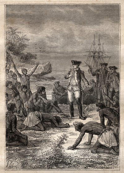 Ontvangst van Cook door de inboorlingen - Derde reis van James Cook - Cook verwelkomd door de inboorlingen - Derde reis van James Cook in de Stille Oceaan - illustratie uit 