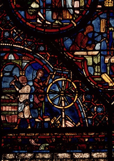 Kuipers aan het werk, detail uit het leven van Sint Julianus de Hospitaller raam in de noordelijke omgang door French School