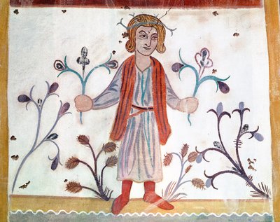 Kopie van een middeleeuws origineel dat april uitbeeldt, uit de Bezigheden van de Maanden, uit de Chapelle de Pritz, Laval door French School