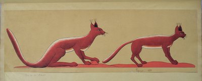 Kopie van een originele oude Egyptische muurschildering die twee wilde katten afbeeldt door French School