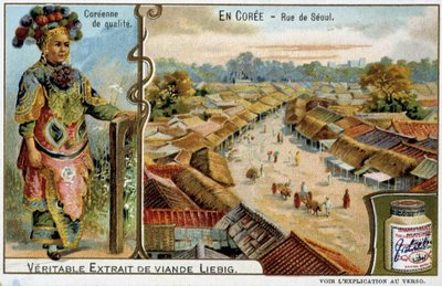 Korea: Straat in Seoul en vrouwenkostuum - chromo Liébig, ca. 1900 door French School