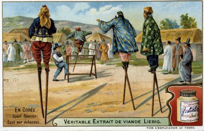 Korea: vrouwelijke sport van springen op stelten - chromo Liébig, ca. 1900 door French School