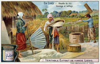 Korea: rijstoogst, weven en dorsen - chromo. Liébig, ca. 1900 door French School