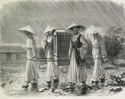 Koreanen gekleed in een draagstoel (regenpak van de Koreanen) die een stoel dragen. Illustratie uit 