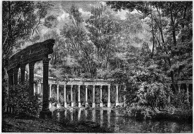 Korintische zuilengalerij rond het ovale bassin in het Parc de Monceau, Parijs door French School