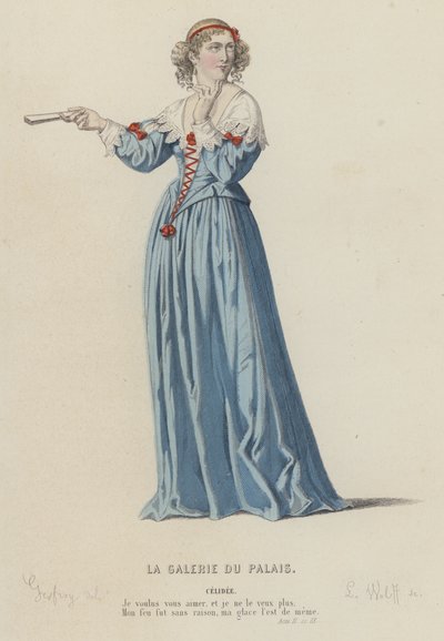Corneille, La Galerie Du Palais, Act II, Sc IX (gekleurde gravure) door French School
