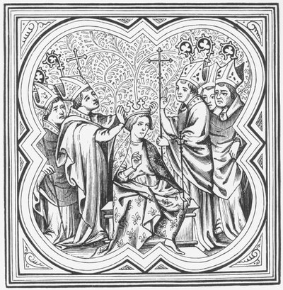 Kroning van Karel de Grote (742-814) naar een miniatuur in Chronicles of St. Denis door French School