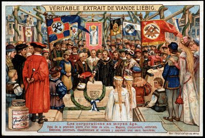 Corporaties in de Middeleeuwen: het leggen van de eerste steen van een stadhuis, metselaars, timmerlieden, slotenmakers, meubelmakers, dakdekkers, ketelmakers en glasmakers wonen bij met hun verschillende banieren door French School