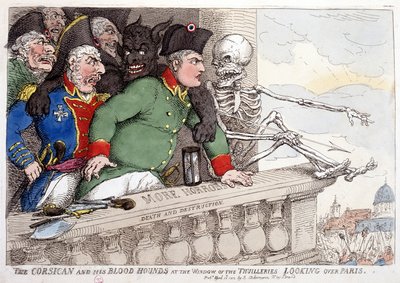 Corsica en zijn bloeddorstige kijk op Parijs door het raam van de Tuilerieën - in "Napoleon I", karikaturen, dummy collectie, c. 1814-1815 door French School