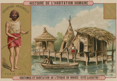 Kostuum en paalwoningen uit de Bronstijd (chromolitho) door French School