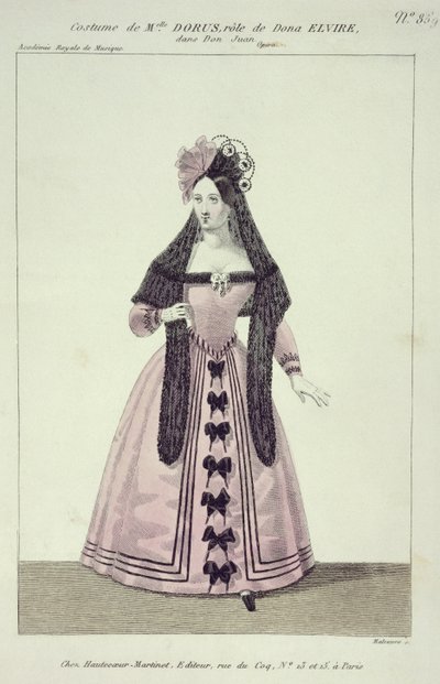 Kostuum voor Mademoiselle Dorus in de Rol van Donna Elvira in Don Giovanni, gegraveerd door Maleuvre, gedrukt door Hautecoeur-Martinet door French School