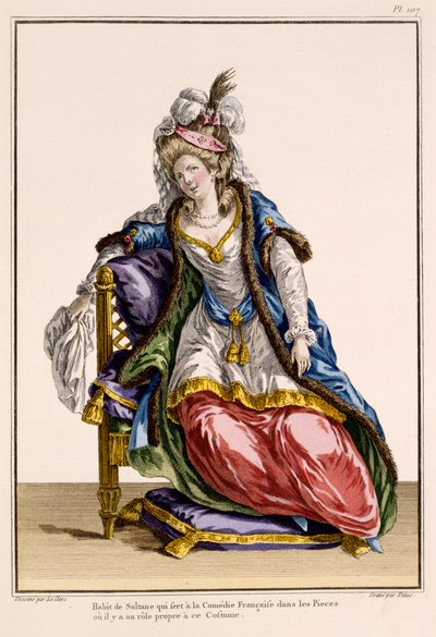 Kostuum voor de vrouw van de Sultan in La Comedie Francaise (print gemaakt door Patus) door French School