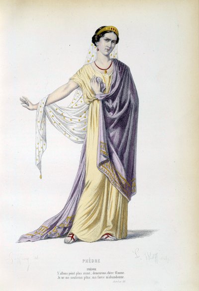 Kostuum voor het personage van Phedre in het stuk met dezelfde naam door Jean Racine (1639-1699) 19e eeuw Parijs, Franse komedie door French School