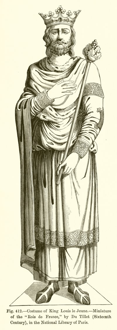 Kostuum van Koning Lodewijk de Jonge, Miniatuur van de Koningen van Frankrijk, door Du Tillet, Zestiende Eeuw, in de Nationale Bibliotheek van Parijs door French School