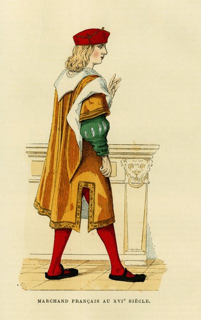 Kostuum van een Franse koopman in de 17e eeuw. Kleurgravure, in 