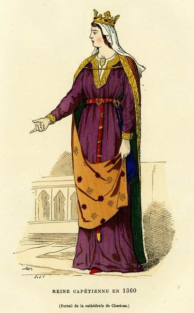 Kostuum van een Capetiaanse koningin in 1360, met een gouden kroon, op een lichte sluier die haar gladde kapsel gedeeltelijk verbergt, een open chlamyde (mantel) op de borst vastgemaakt door een gouden kettingfibula, de zeer lange tuniek is aangesnoerd in  door French School