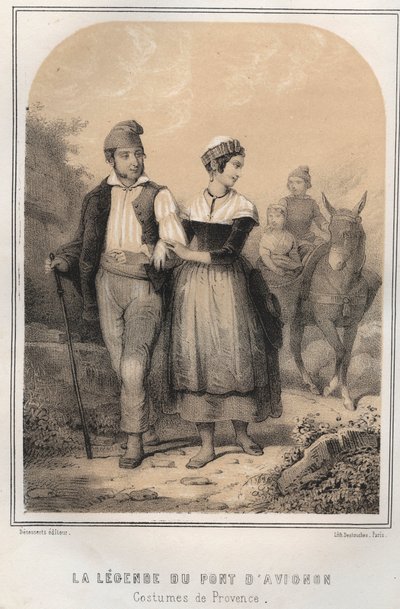 Kostuums uit de Provence - de legende van de brug van Avignon - gravure in "LES SOURIES VAN MIJN OOM HERINNERINGEN EN VERHALEN VAN REIZEN" door MORING MICHEL - Eind 19e eeuw door French School