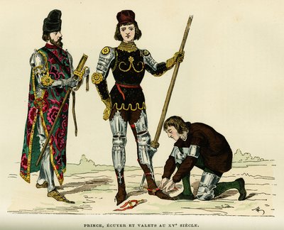 Kostuums van prins, van zijn schildknapen en zijn knecht, in de 15e eeuw. Kleuren gravure, in 