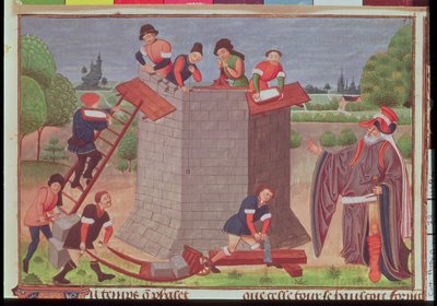 De bouw van de Toren van Babel, miniatuur uit 