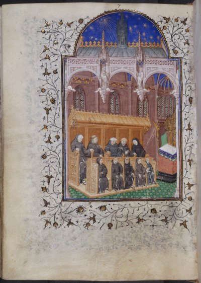 Zwart geklede monniken zingen in een koor, uit het Psalter van Hendrik VI, Parijs, ca. 1420 door French School