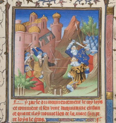 Cotton Nero E II pt.1, f.222, Slag van Lodewijk VII en zijn vader, uit Grandes Chroniques de France door French School