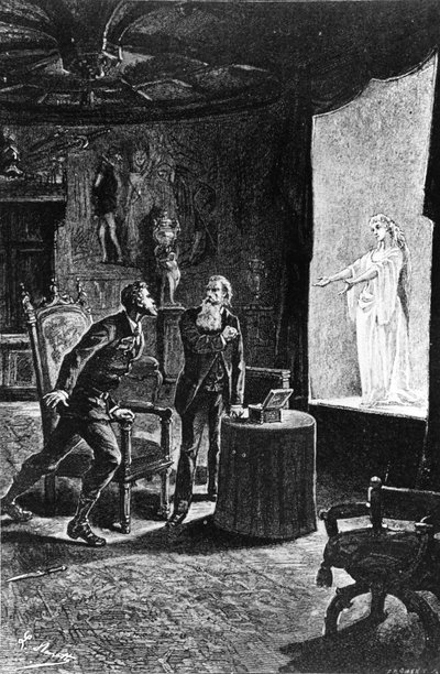 Graaf Franz de Telek denkt zijn voormalige geliefde La Stilla te zien, illustratie voor Het Karpatenkasteel door Jules Verne, gepubliceerd door Hetzel, 1892 door French School