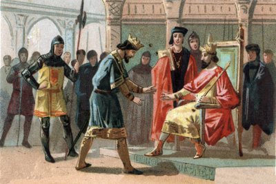 Graaf Louis de Crecy, bedreigd door de inwoners van Kortrijk, vraagt om hulp van de koning van Frankrijk Karel de Schone (1294-1328). door French School