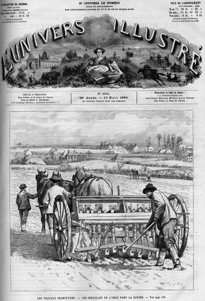 Landarbeid: zaaien van gerst in de Sarthe. Een krant. Gravure in 