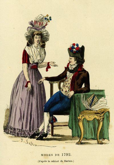 Koppel in mode van 1792. Kleuren gravure naar de tekening van het kabinet van Haarlem, in 