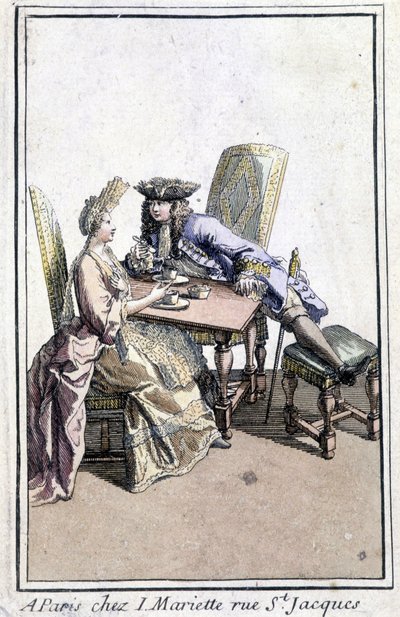 Koppel dat koffie drinkt - gravure door French School