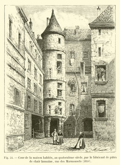 Binnenplaats van het huis bewoond in de veertiende eeuw door de fabrikant van menselijke vleeswaren, rue des Marmousets, 1850 door French School