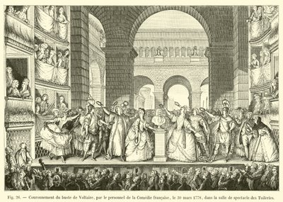 Kroning van de buste van Voltaire, door het personeel van de Comédie Française, op 30 maart 1778, in de theaterzaal van de Tuilerieën door French School