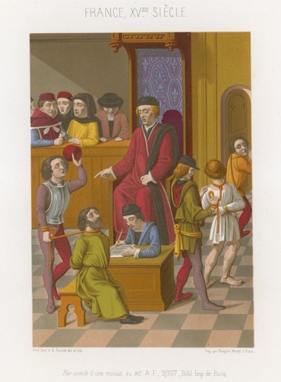 Rechtszaalscène met een man die wordt vastgehouden door een touw om zijn nek door French School